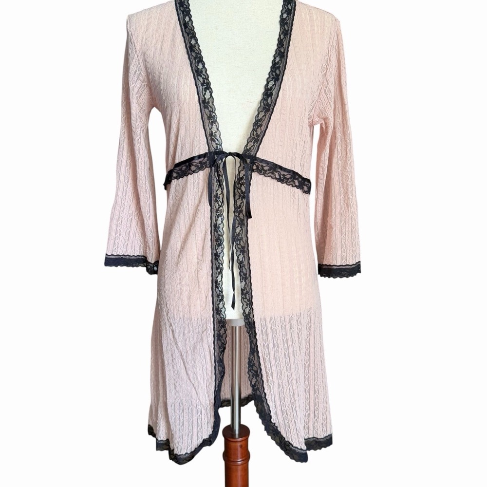 Vintage Sheer Lace Robe Dusty Pink Bow Tie Front Coquette Romantic Victorian S/M